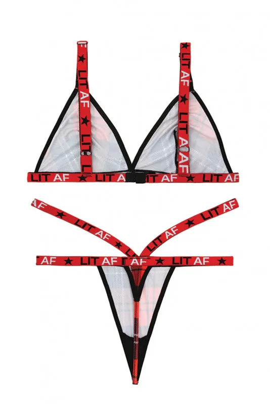 Lit Af Bralette and Thong Set - Red Plaid - S/m