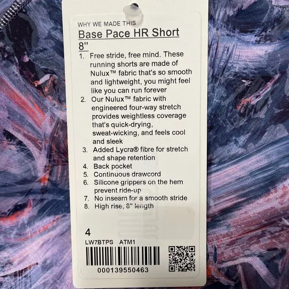 Lululemon 4 Shorts Base Pace HR 8&quot; Running Short ATM1 New With Tag