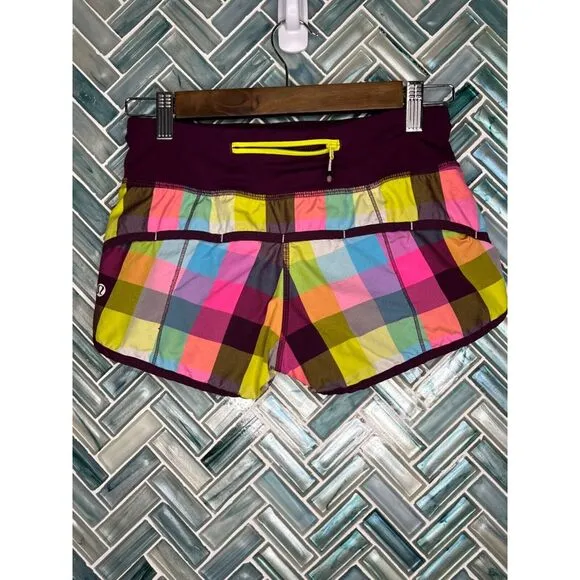LULULEMON SPEED‎ SHORTS SEA CHECK MULTI PLUM PLAID 2.5&quot; SIZE 2 RUNNING ACTIVE