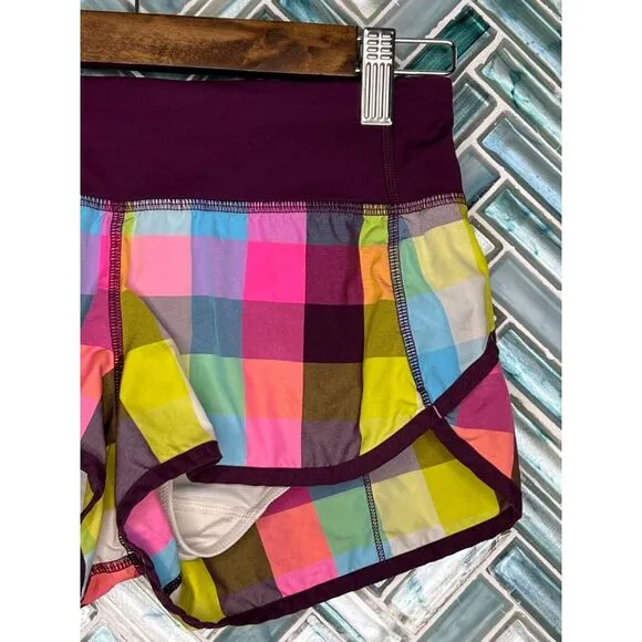 LULULEMON SPEED‎ SHORTS SEA CHECK MULTI PLUM PLAID 2.5&quot; SIZE 2 RUNNING ACTIVE
