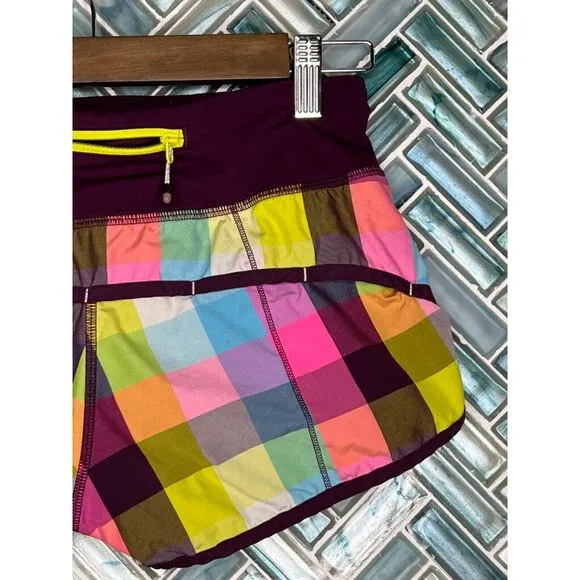LULULEMON SPEED‎ SHORTS SEA CHECK MULTI PLUM PLAID 2.5&quot; SIZE 2 RUNNING ACTIVE