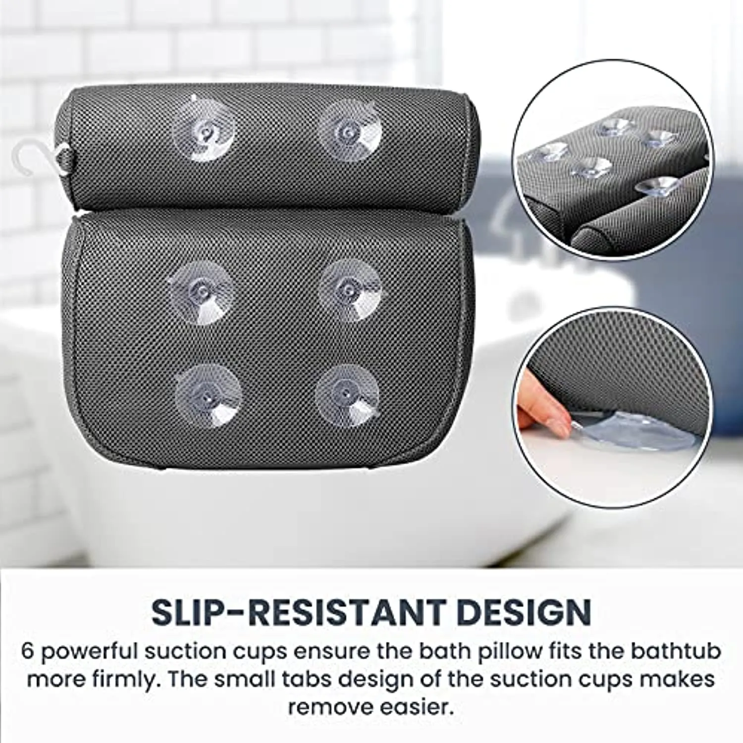 LuxStep Bath Pillow Bathtub Pillow with 6 Non-Slip Suction Cups,15x14 Inch, Extra Thick and Soft Air Mesh Pillow for Bath - Fits All Bathtub, Grey