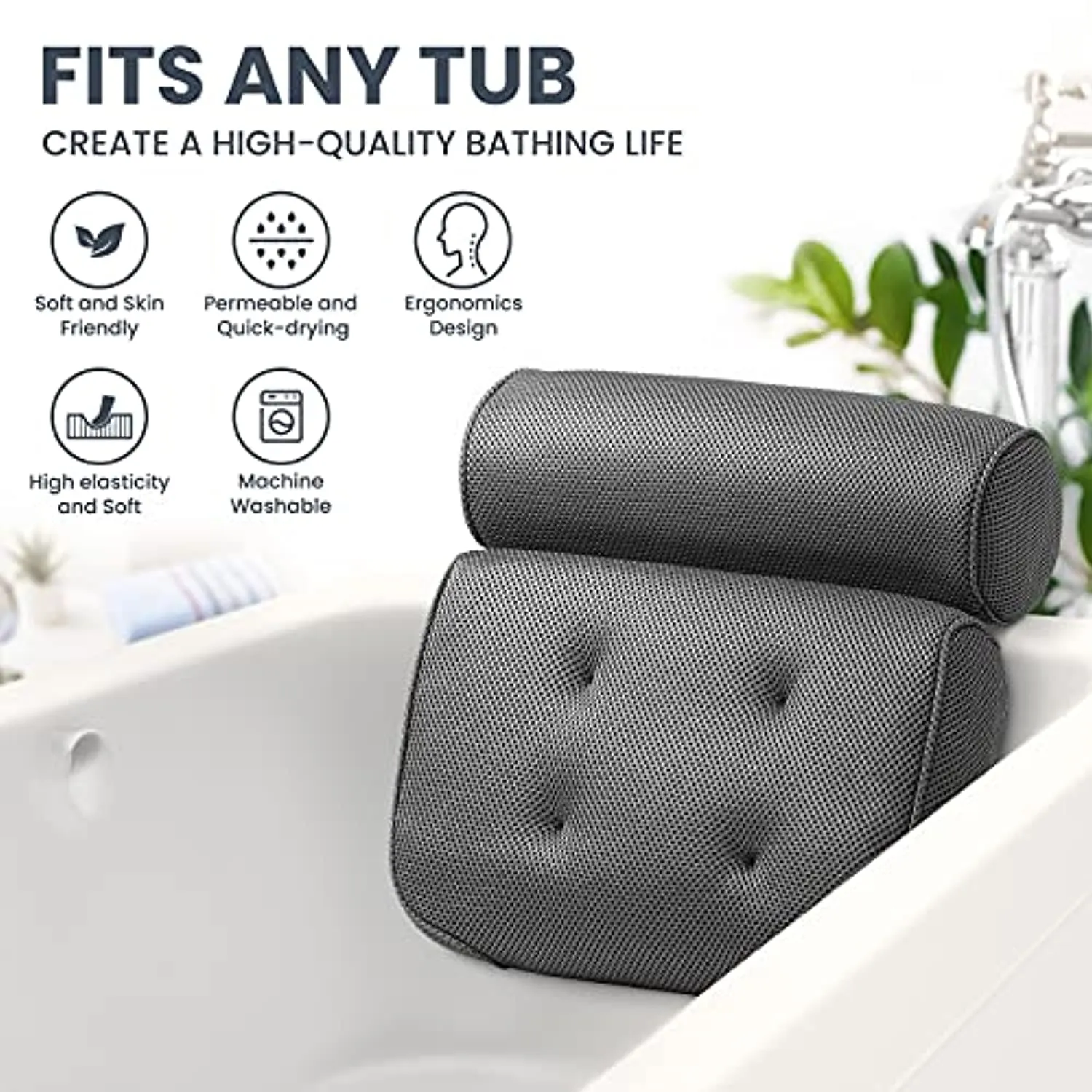 LuxStep Bath Pillow Bathtub Pillow with 6 Non-Slip Suction Cups,15x14 Inch, Extra Thick and Soft Air Mesh Pillow for Bath - Fits All Bathtub, Grey
