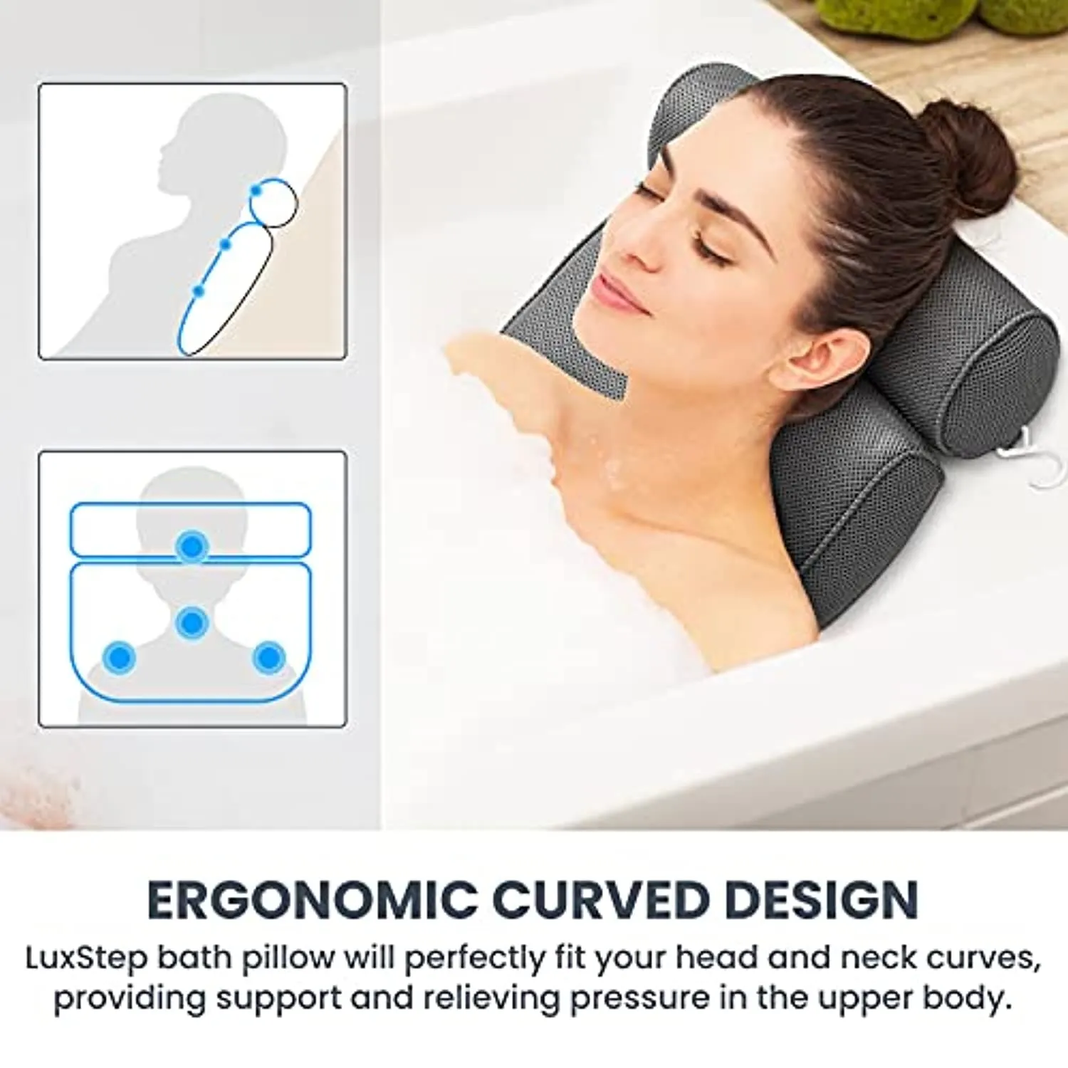 LuxStep Bath Pillow Bathtub Pillow with 6 Non-Slip Suction Cups,15x14 Inch, Extra Thick and Soft Air Mesh Pillow for Bath - Fits All Bathtub, Grey