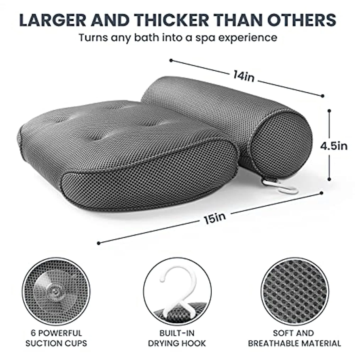 LuxStep Bath Pillow Bathtub Pillow with 6 Non-Slip Suction Cups,15x14 Inch, Extra Thick and Soft Air Mesh Pillow for Bath - Fits All Bathtub, Grey
