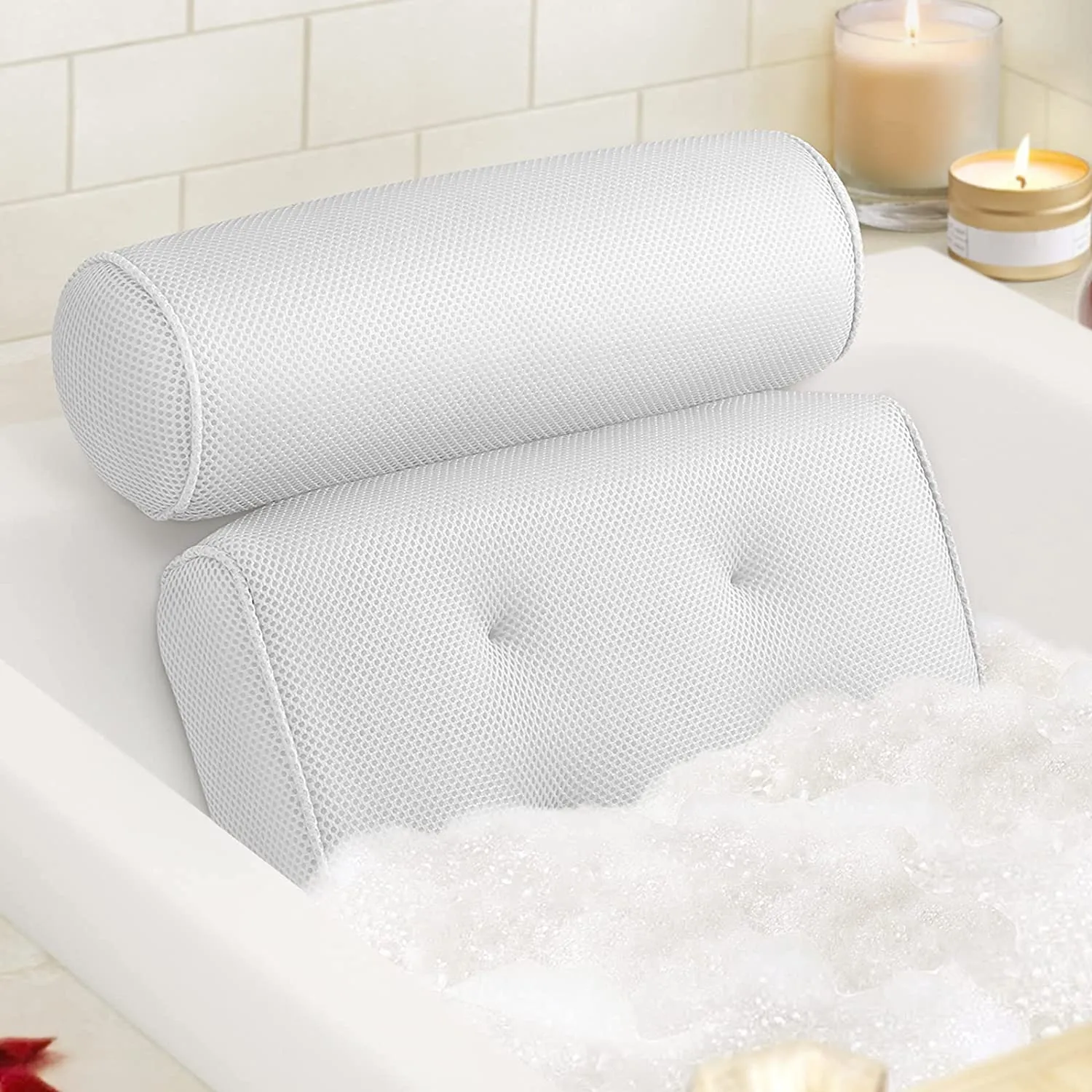 LuxStep Bath Pillow Bathtub Pillow with 6 Non-Slip Suction Cups,15x14 Inch, Extra Thick and Soft Air Mesh Pillow for Bath - Fits All Bathtub, Grey