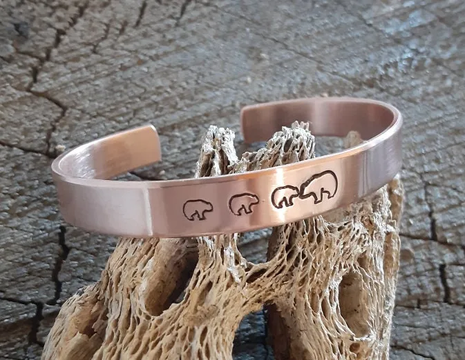 Mama bear and baby bears copper cuff bracelet