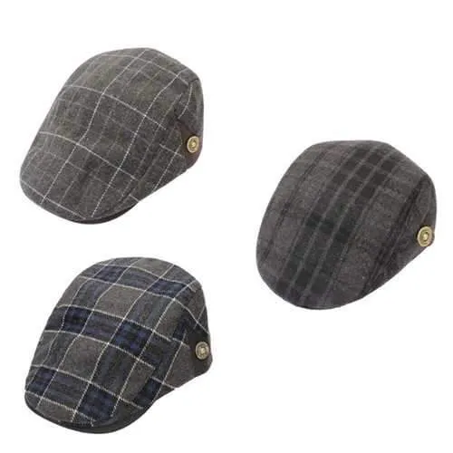 Men Male Wool Blend Newsboy Beret Cap Grid Blank Thick Flat Cowboy Cabbie Hat