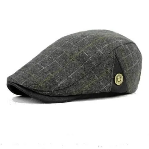 Men Male Wool Blend Newsboy Beret Cap Grid Blank Thick Flat Cowboy Cabbie Hat