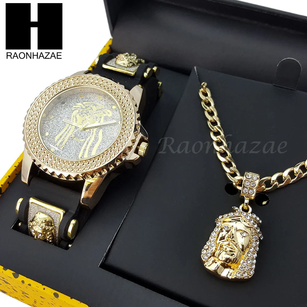 MEN TECHNO PAVE WATCH & JESUS PENDANT CUBAN CHAIN NECKLACE GIFT SET S74