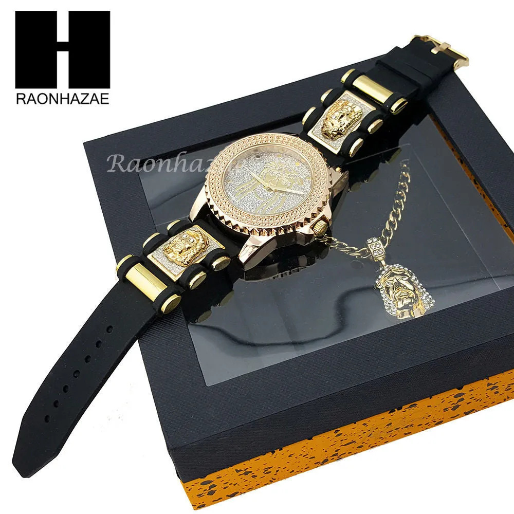 MEN TECHNO PAVE WATCH & JESUS PENDANT CUBAN CHAIN NECKLACE GIFT SET S74