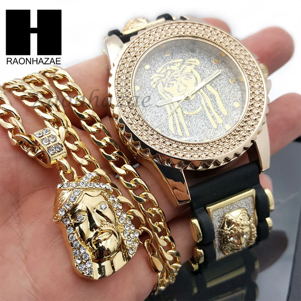 MEN TECHNO PAVE WATCH & JESUS PENDANT CUBAN CHAIN NECKLACE GIFT SET S74