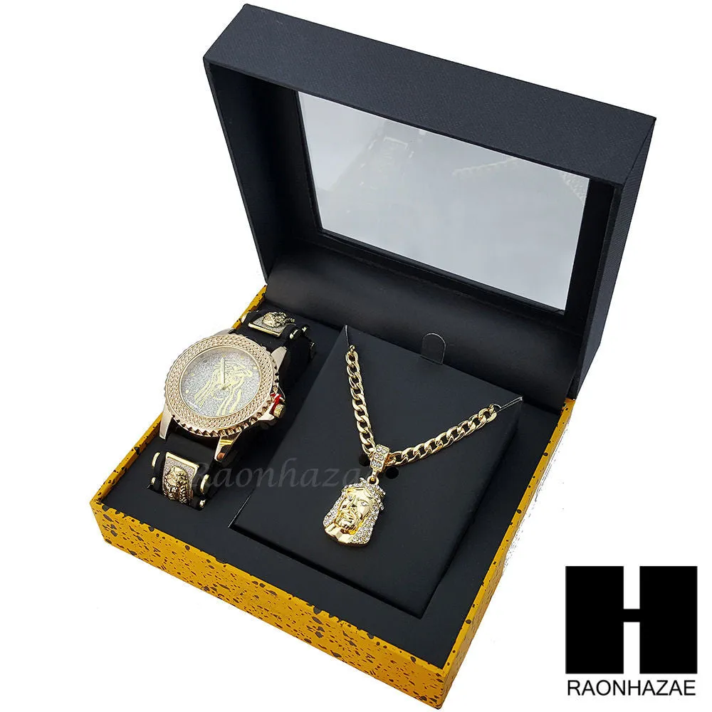 MEN TECHNO PAVE WATCH & JESUS PENDANT CUBAN CHAIN NECKLACE GIFT SET S74