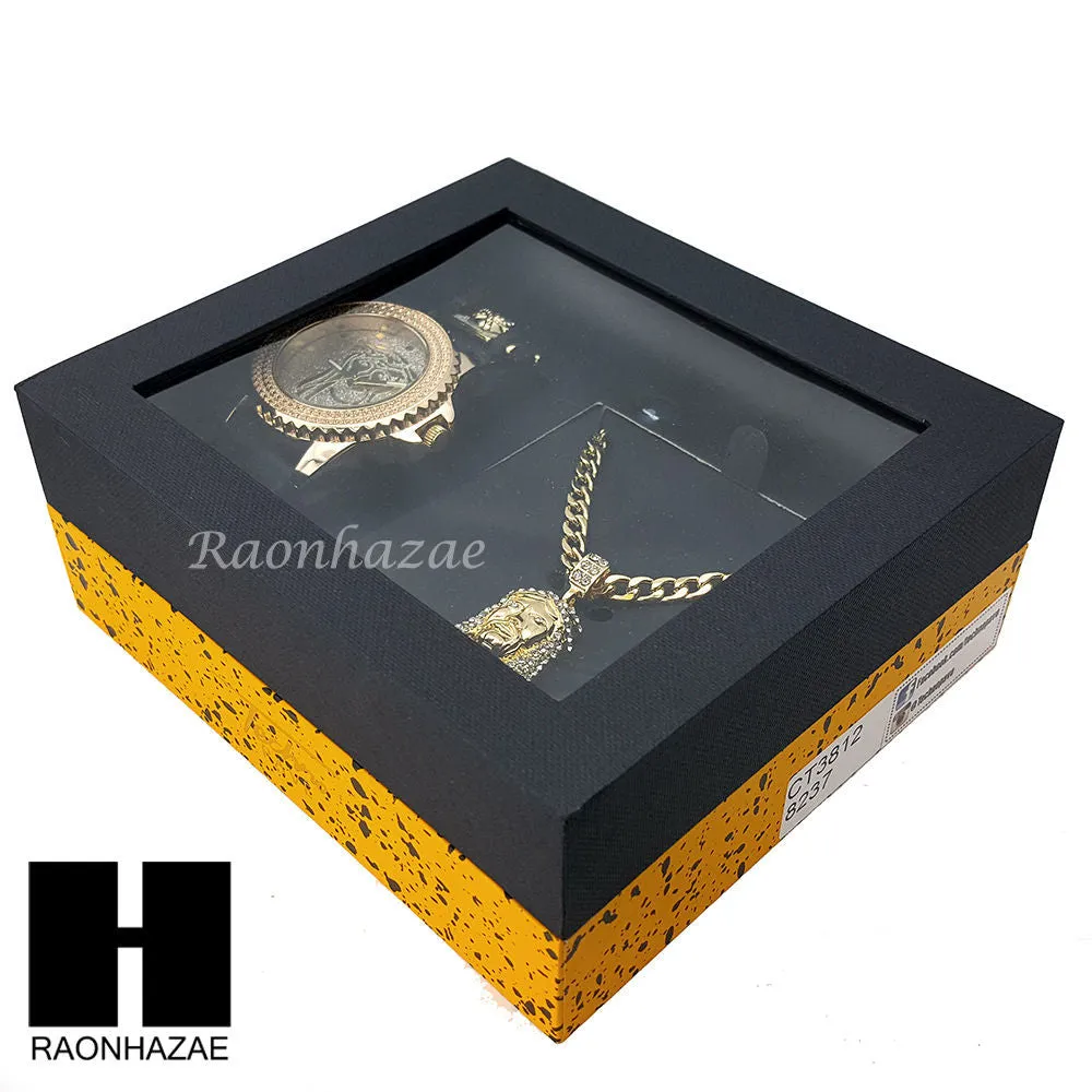 MEN TECHNO PAVE WATCH & JESUS PENDANT CUBAN CHAIN NECKLACE GIFT SET S74