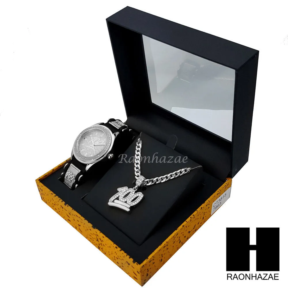 MEN WATCH EMOJI 100 PENDANT CUBAN LINK CHAIN NECKLACE GIFT SET SS86S
