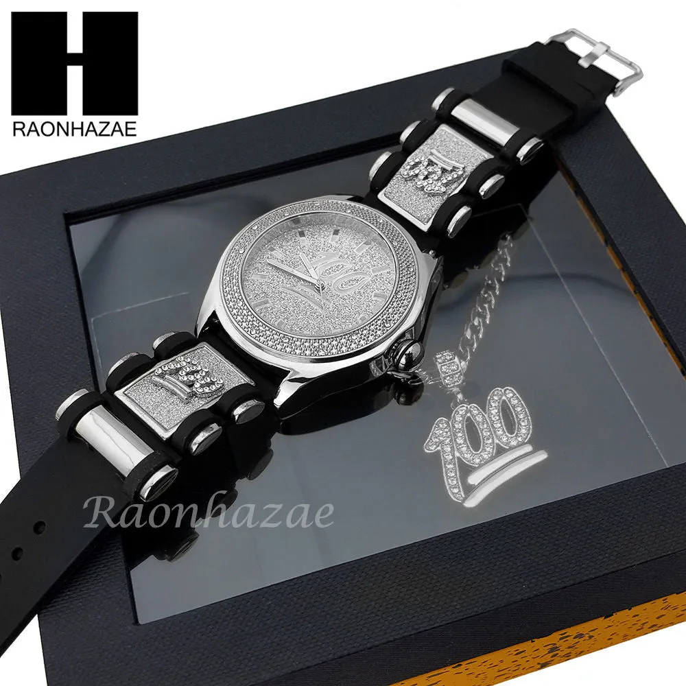 MEN WATCH EMOJI 100 PENDANT CUBAN LINK CHAIN NECKLACE GIFT SET SS86S