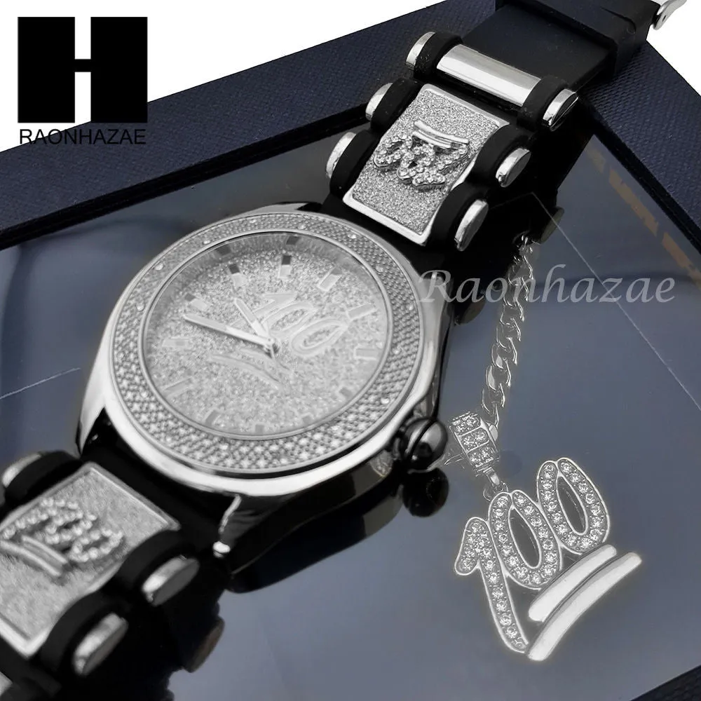 MEN WATCH EMOJI 100 PENDANT CUBAN LINK CHAIN NECKLACE GIFT SET SS86S