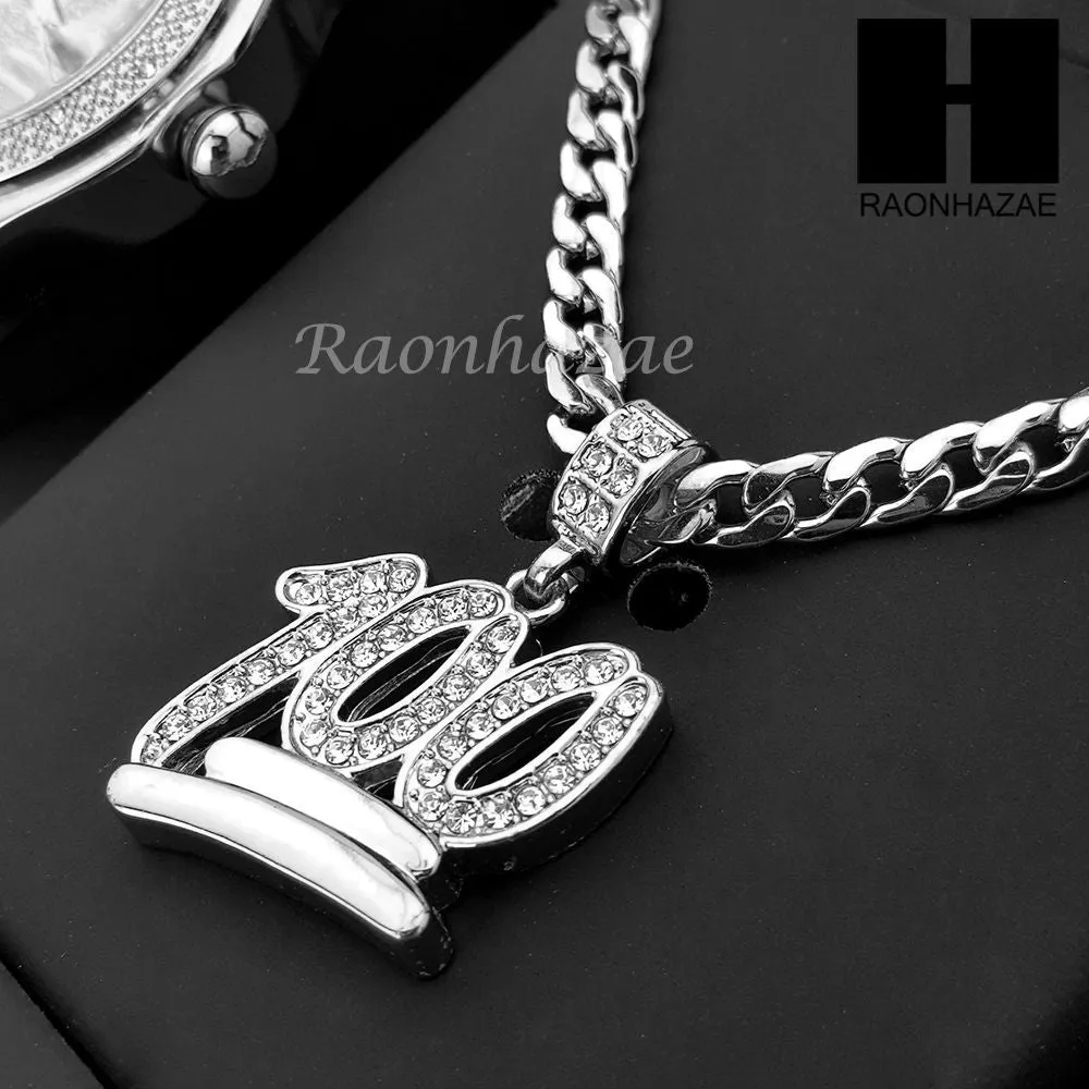 MEN WATCH EMOJI 100 PENDANT CUBAN LINK CHAIN NECKLACE GIFT SET SS86S