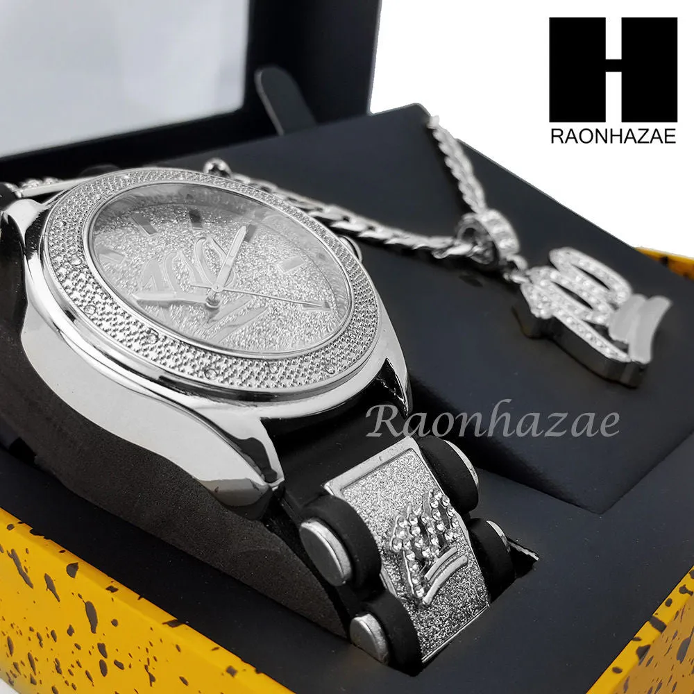 MEN WATCH EMOJI 100 PENDANT CUBAN LINK CHAIN NECKLACE GIFT SET SS86S