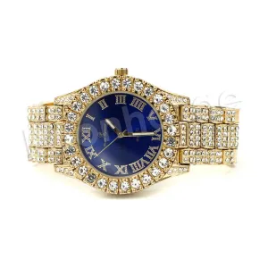 Men's Hip Hop Fashion Iced Diamond Rapper Blue Face Gold 2PAC Watch S07BG