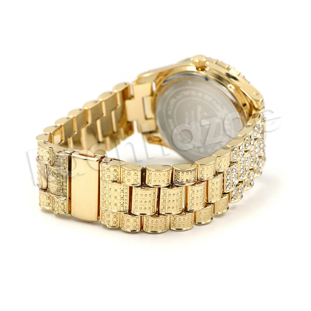 Men's Hip Hop Fashion Iced Diamond Rapper Blue Face Gold 2PAC Watch S07BG
