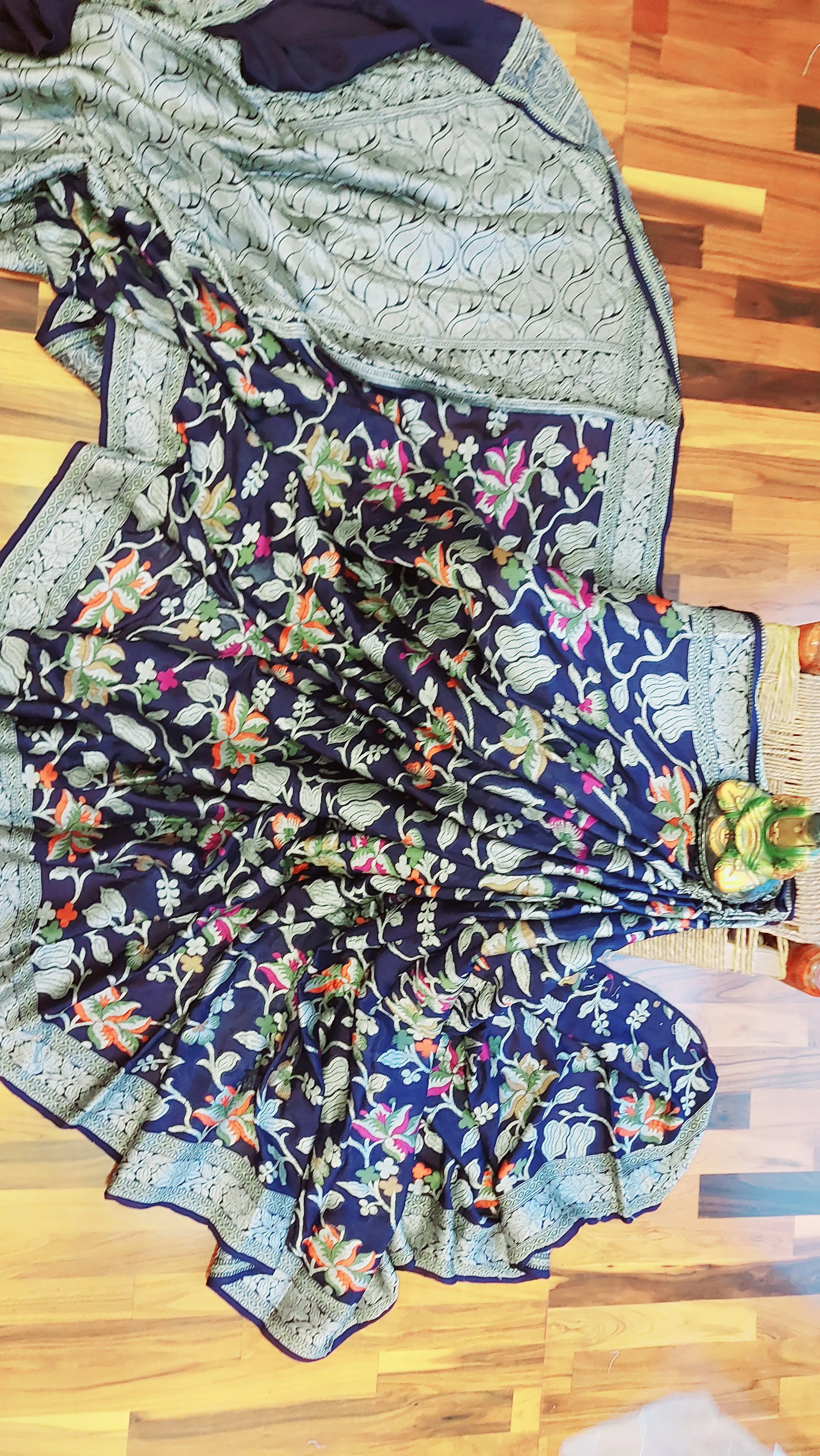Midnight Blue Floral Meenakari Banarasi Chiffon Saree