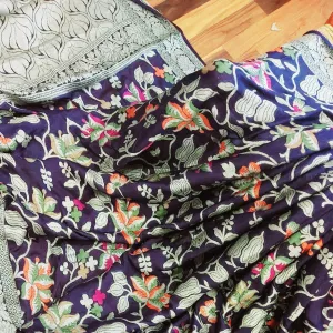 Midnight Blue Floral Meenakari Banarasi Chiffon Saree