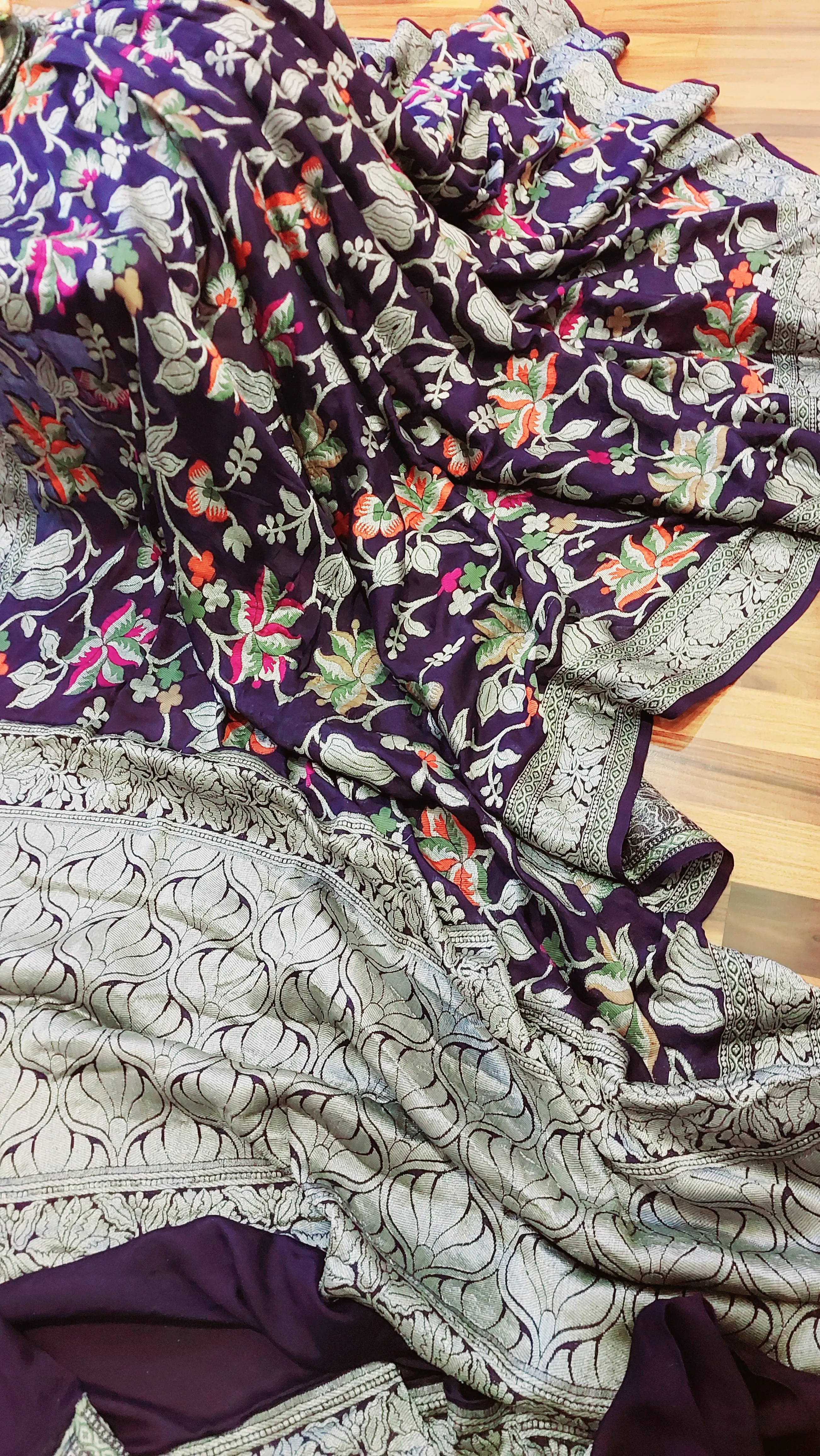 Midnight Blue Floral Meenakari Banarasi Chiffon Saree