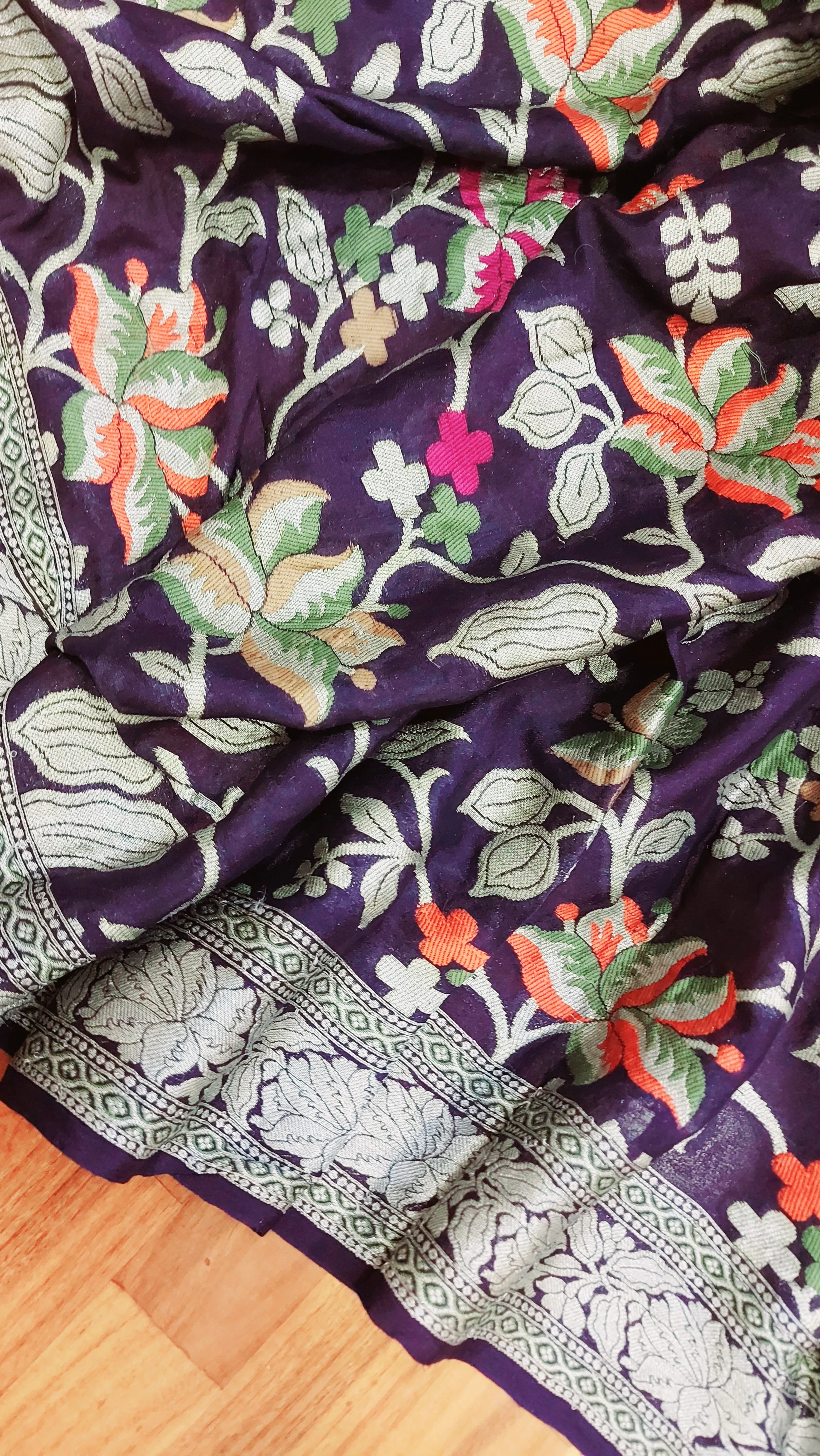 Midnight Blue Floral Meenakari Banarasi Chiffon Saree