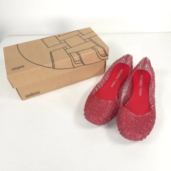 Mini Melissa Campana Papel Girls Glitter Red Slip On Ballet Flats NWB Size 3