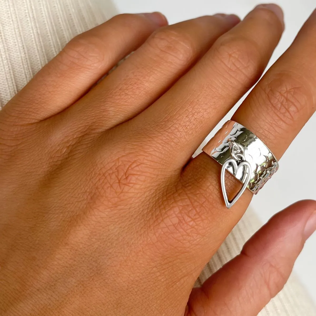 Mini Open Heart Hammered Charm Ring