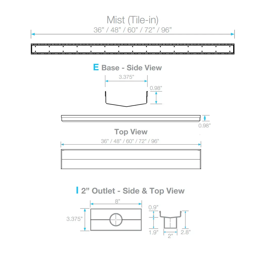 Mist (Tile-In) Adjustable Kit Lagos Linear Shower Drain (2" Outlet) - Floor Mount - 72" Stainless Steel/Satin
