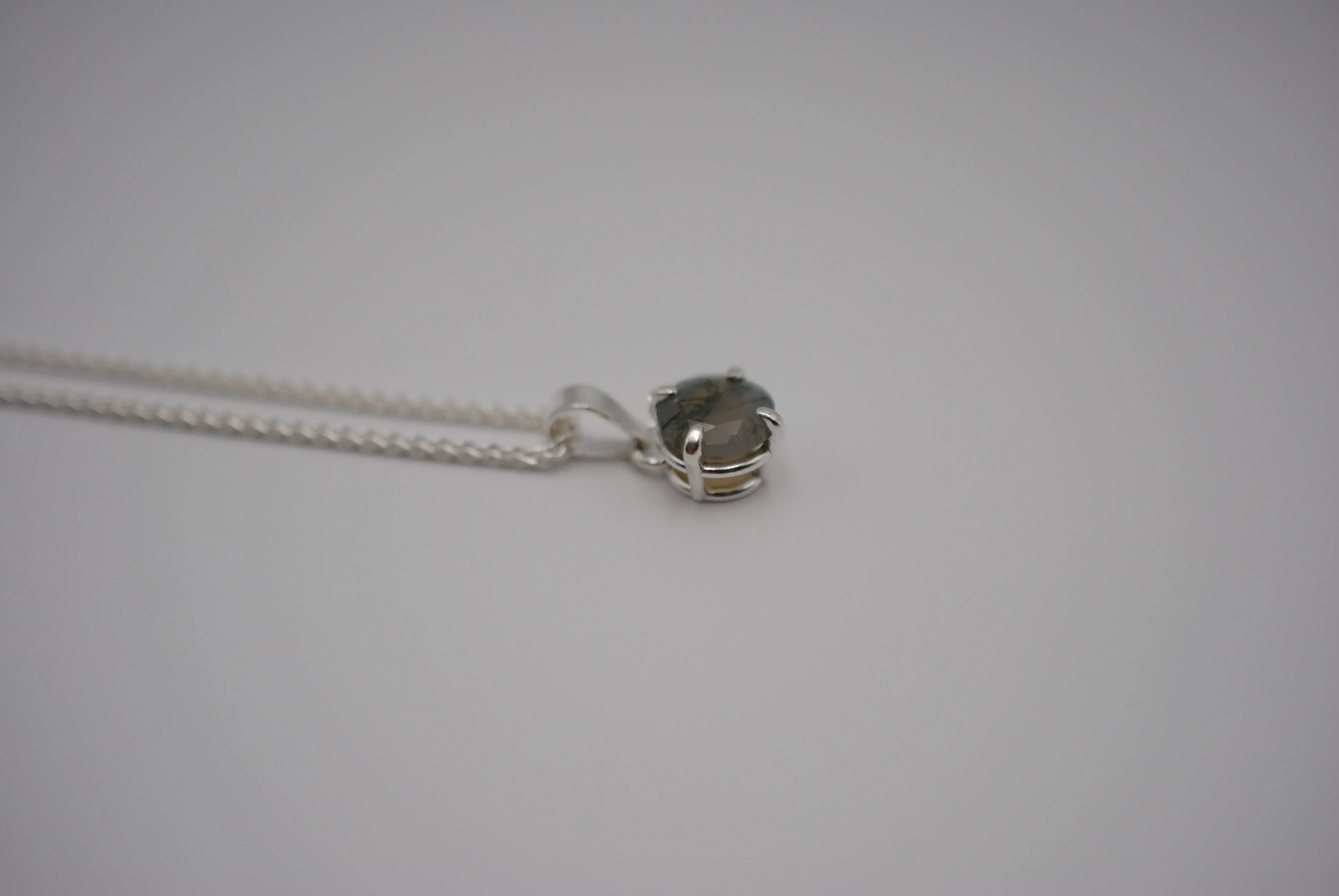 Moss Agate Necklace: Round Cut, Silver Prong Setting, Adjustable Wheat Chain