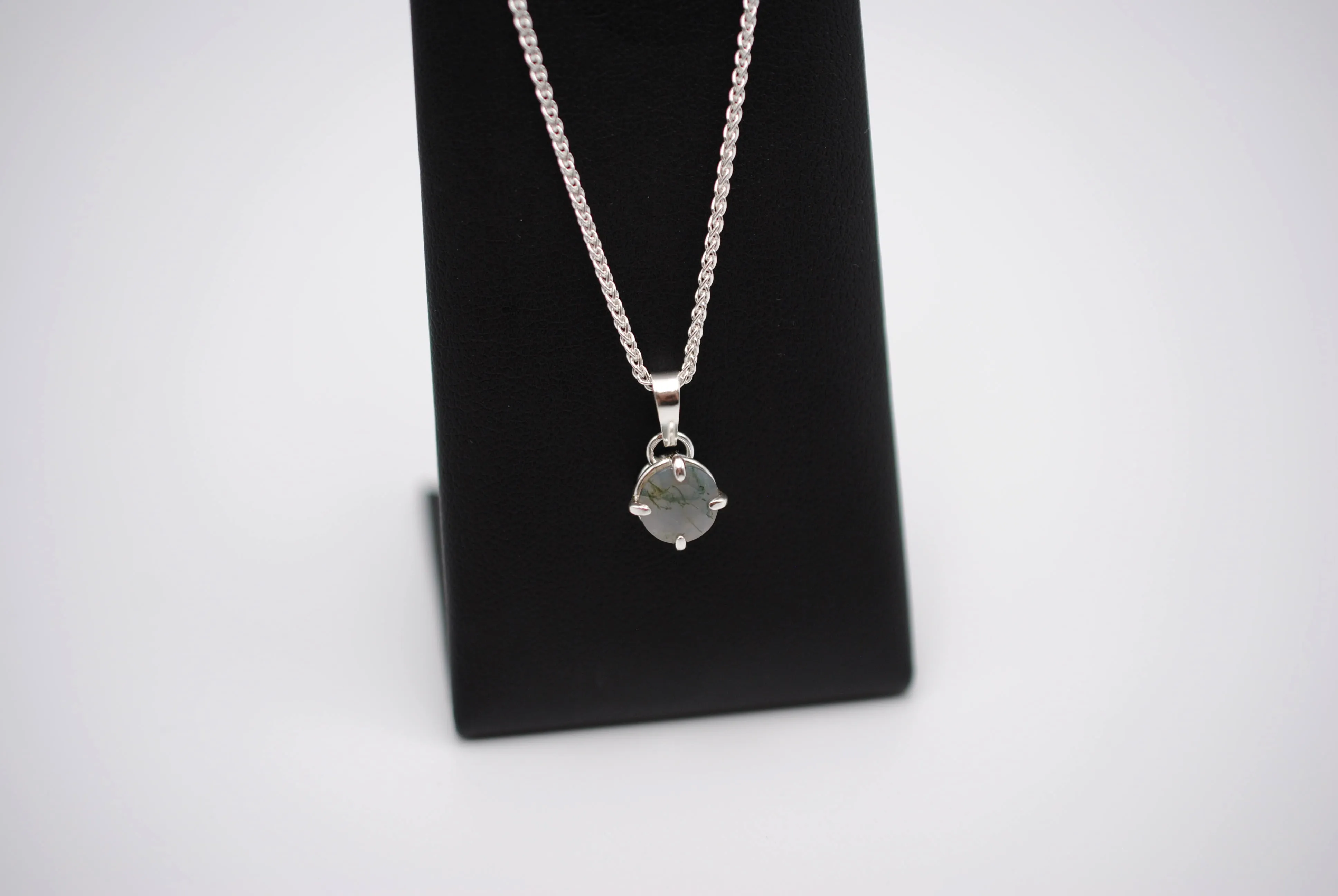 Moss Agate Necklace: Round Cut, Silver Prong Setting, Adjustable Wheat Chain