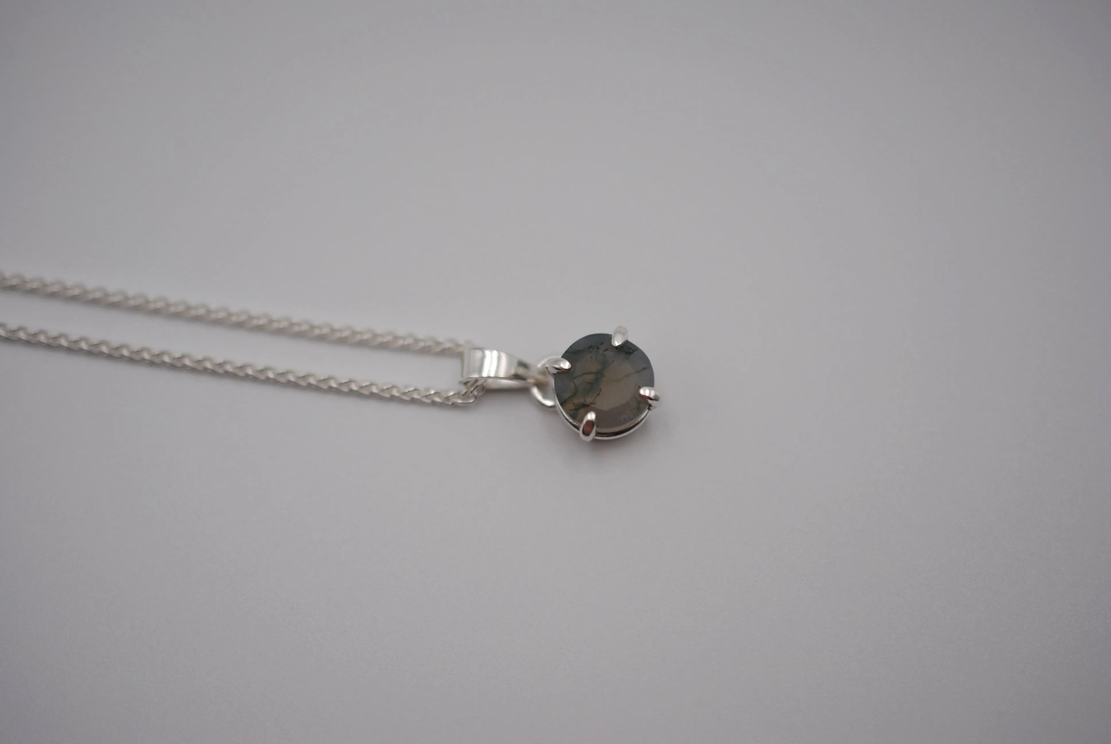 Moss Agate Necklace: Round Cut, Silver Prong Setting, Adjustable Wheat Chain