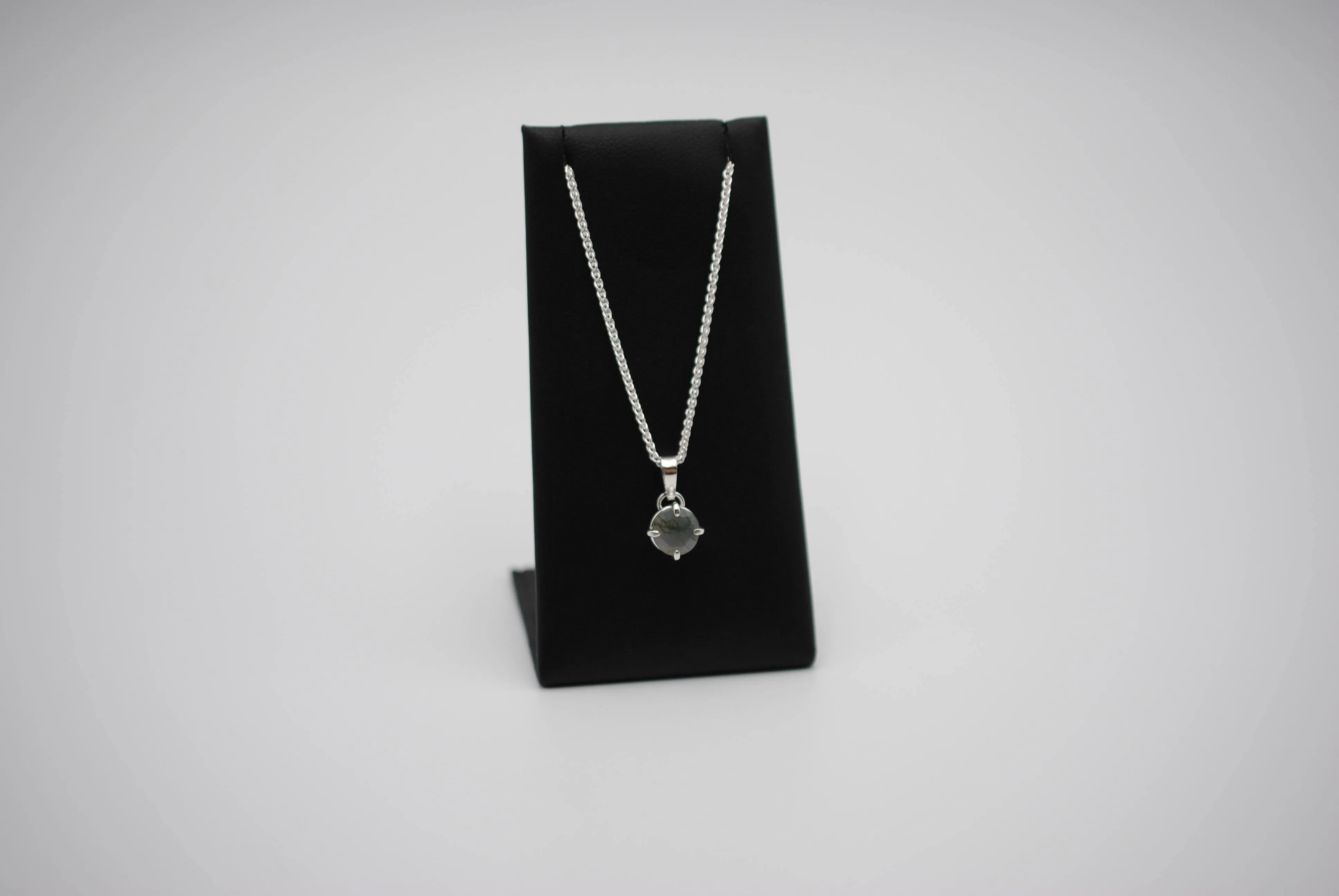 Moss Agate Necklace: Round Cut, Silver Prong Setting, Adjustable Wheat Chain