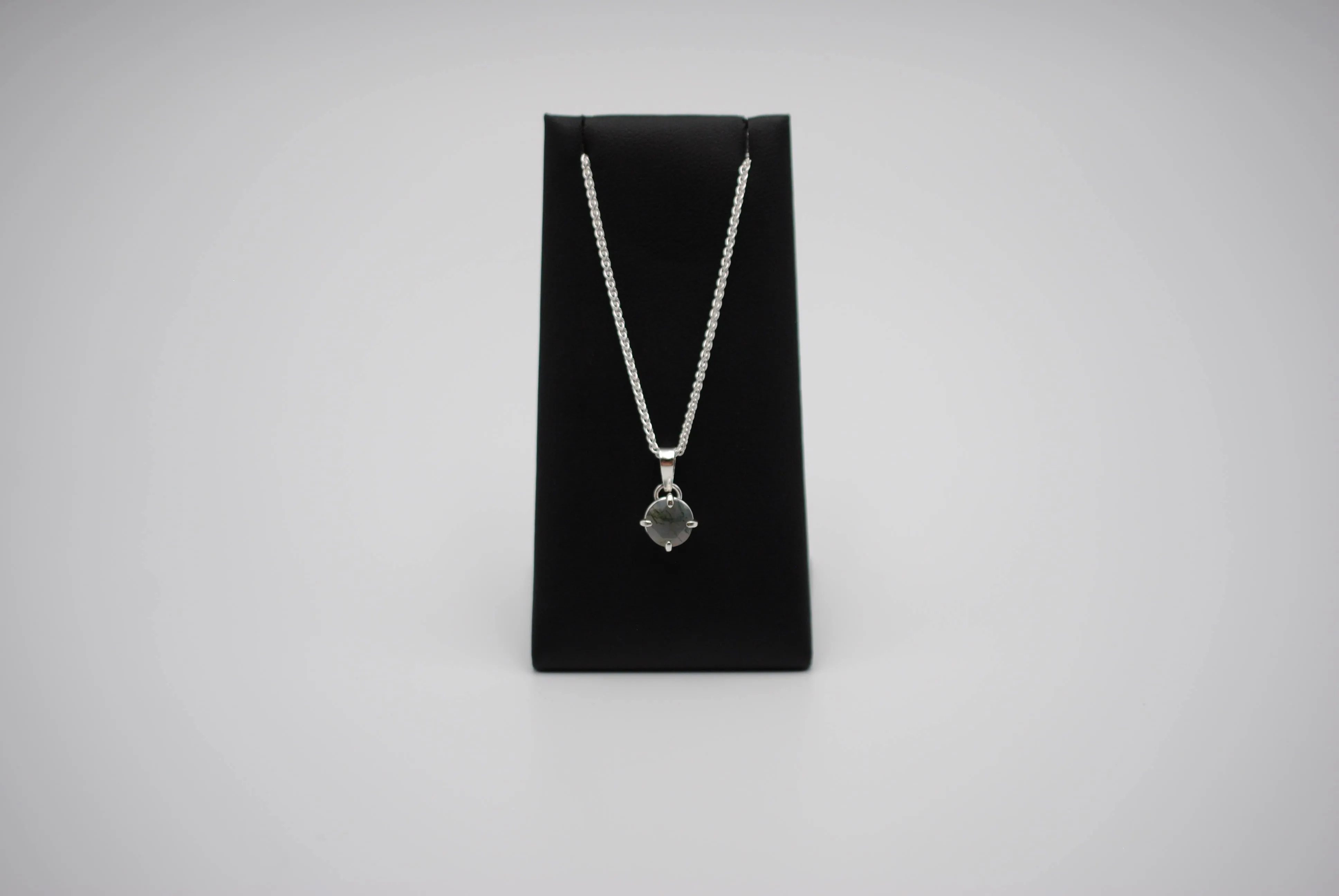 Moss Agate Necklace: Round Cut, Silver Prong Setting, Adjustable Wheat Chain