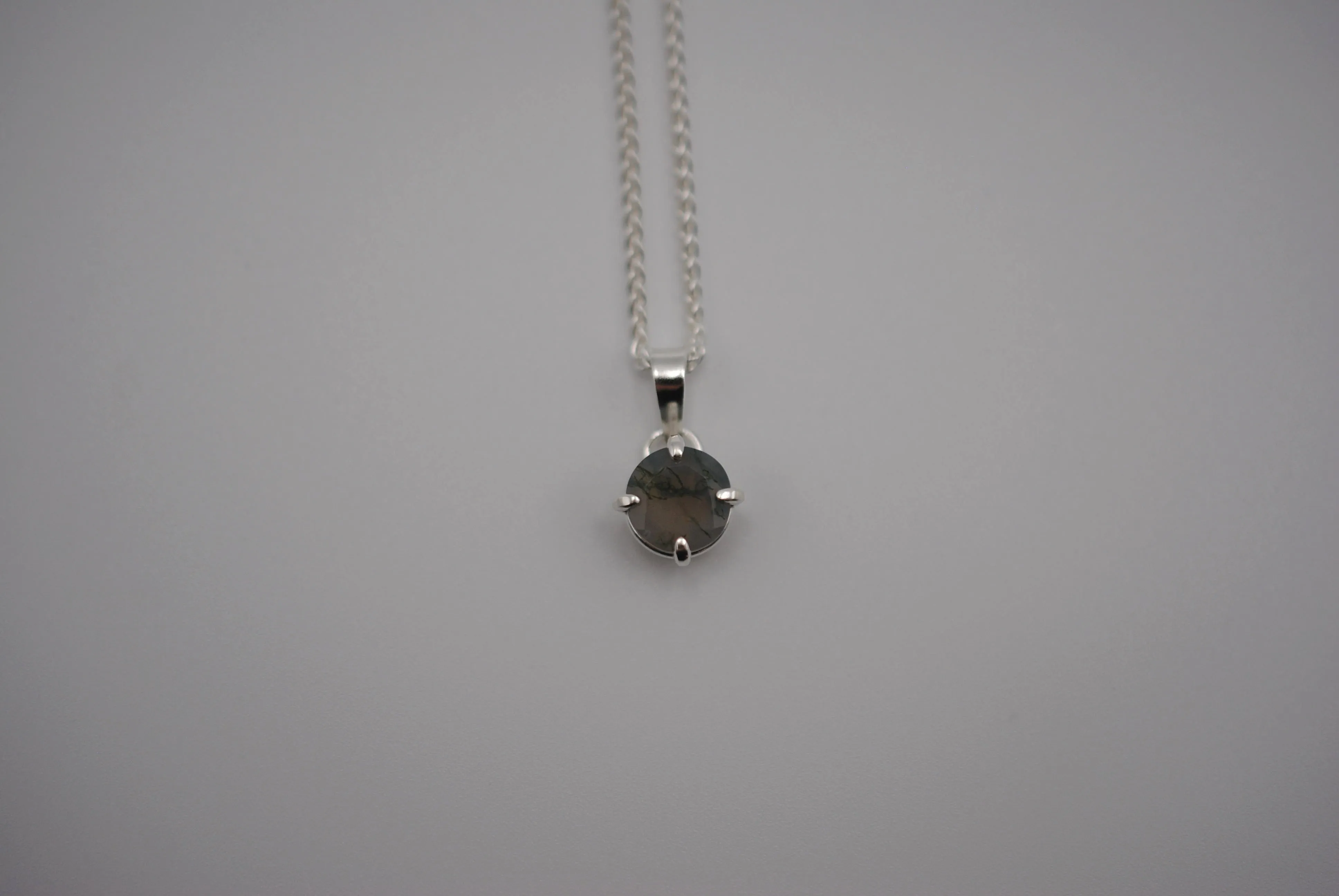 Moss Agate Necklace: Round Cut, Silver Prong Setting, Adjustable Wheat Chain
