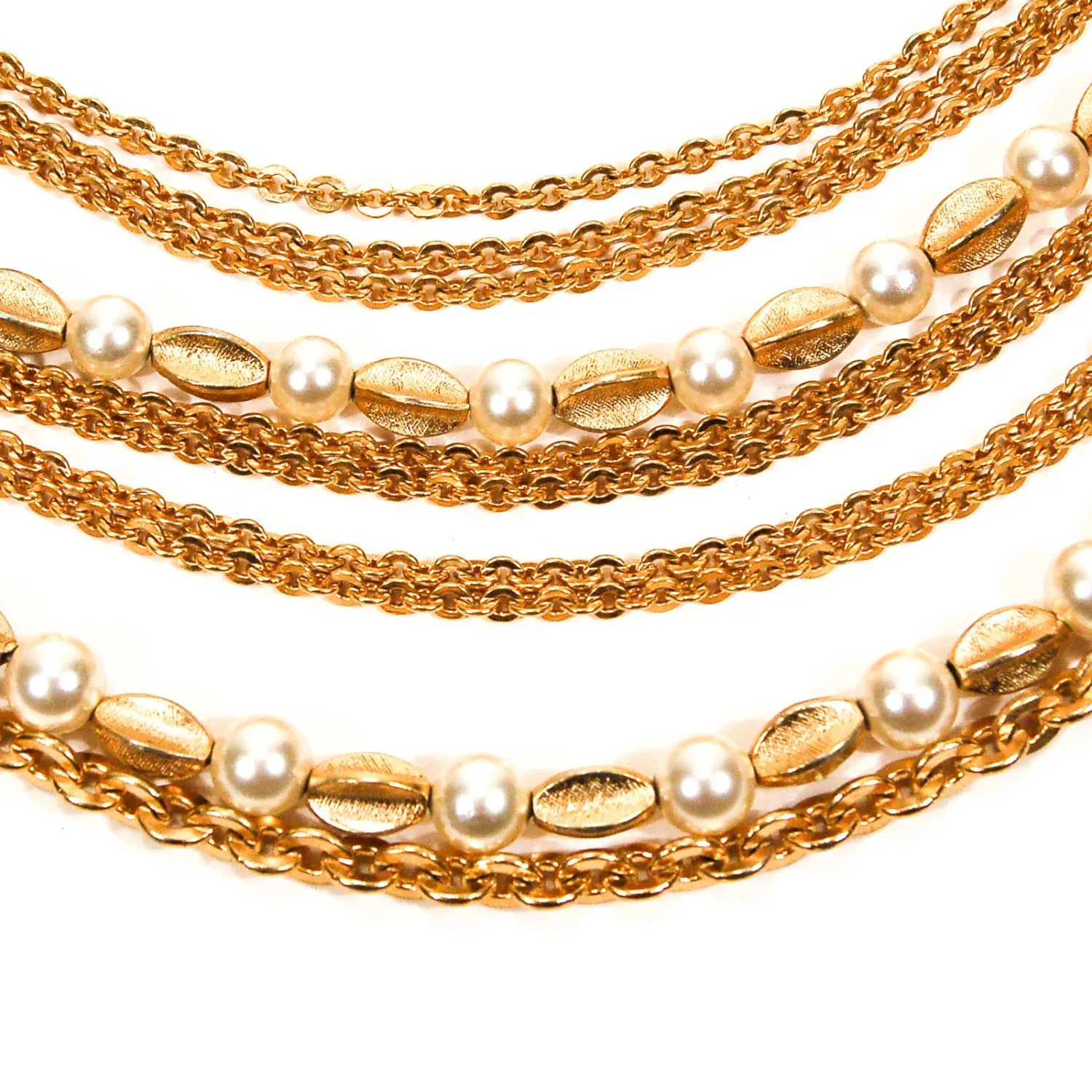 Multi Strand Pearl and Gold Chain Necklace by Crown Trifari