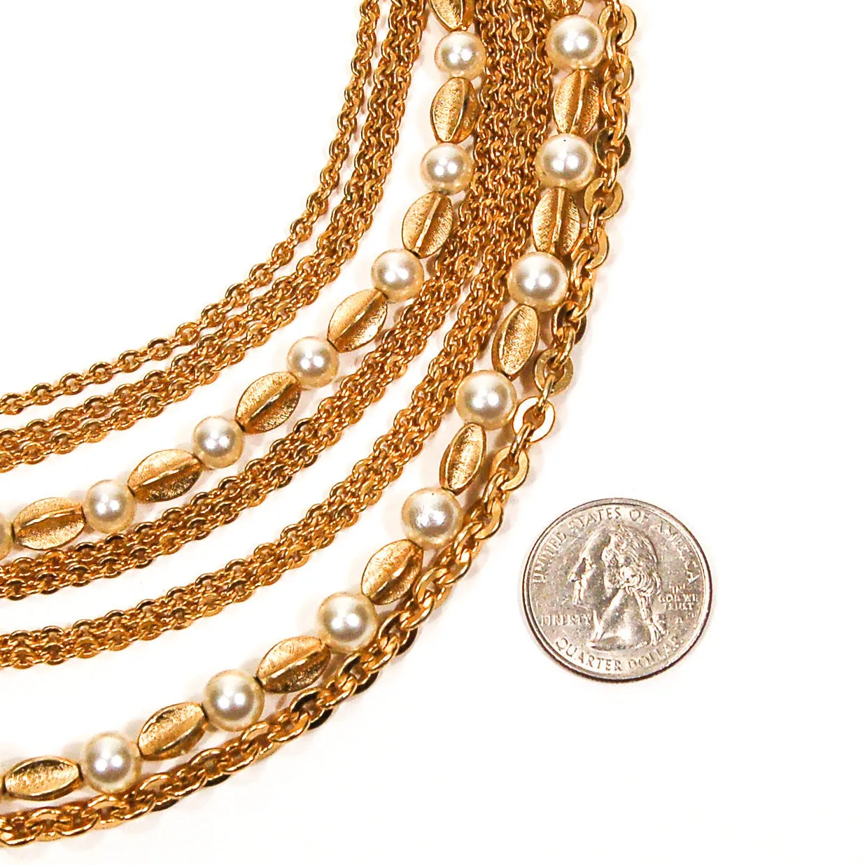 Multi Strand Pearl and Gold Chain Necklace by Crown Trifari