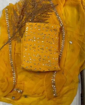 Mustard Yellow Lucknowi Chikankari Gota Patti Unstitched Salwar Suit Online