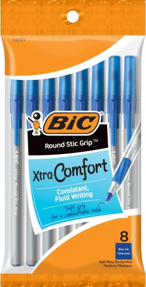 NEW BIC Round Stic Grip Extra Comfort Blue Ballpoint Pens, Medium Point (1.2mm), 8-Count Pack, Perfect Writing Pens With Soft Grip for Superb Comfort and Control
