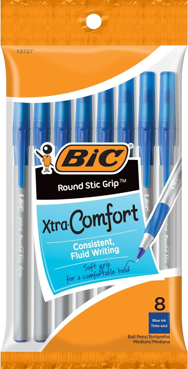 NEW BIC Round Stic Grip Extra Comfort Blue Ballpoint Pens, Medium Point (1.2mm), 8-Count Pack, Perfect Writing Pens With Soft Grip for Superb Comfort and Control
