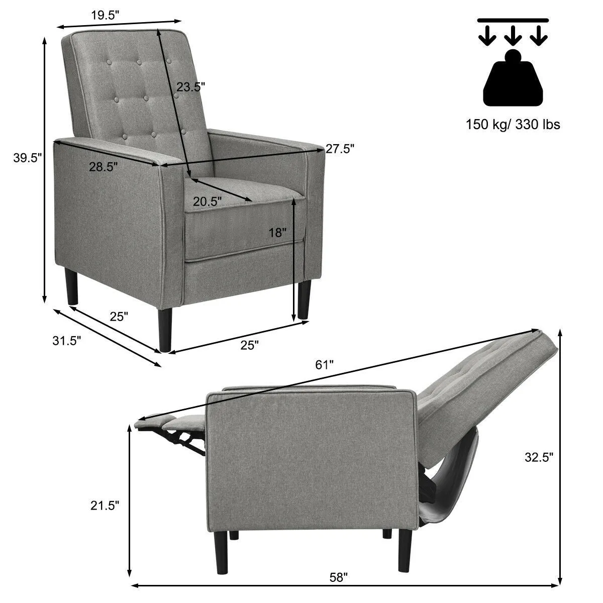 New in box! Mid-Century Push Back Recliner Chair This push back recliner is designed for you to get ultimate relaxation! Grey! Retails $419 