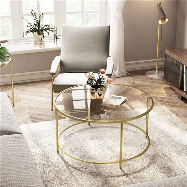 New in box! VASAGLE 35.4" Diameter Gold Steel Frame with 6mm thick Tempered Glass Top Round Coffee Table Retails $199 