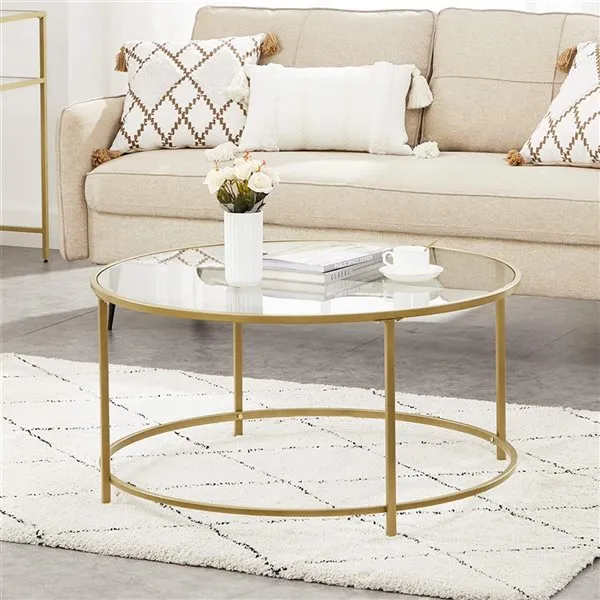 New in box! VASAGLE 35.4" Diameter Gold Steel Frame with 6mm thick Tempered Glass Top Round Coffee Table Retails $199 