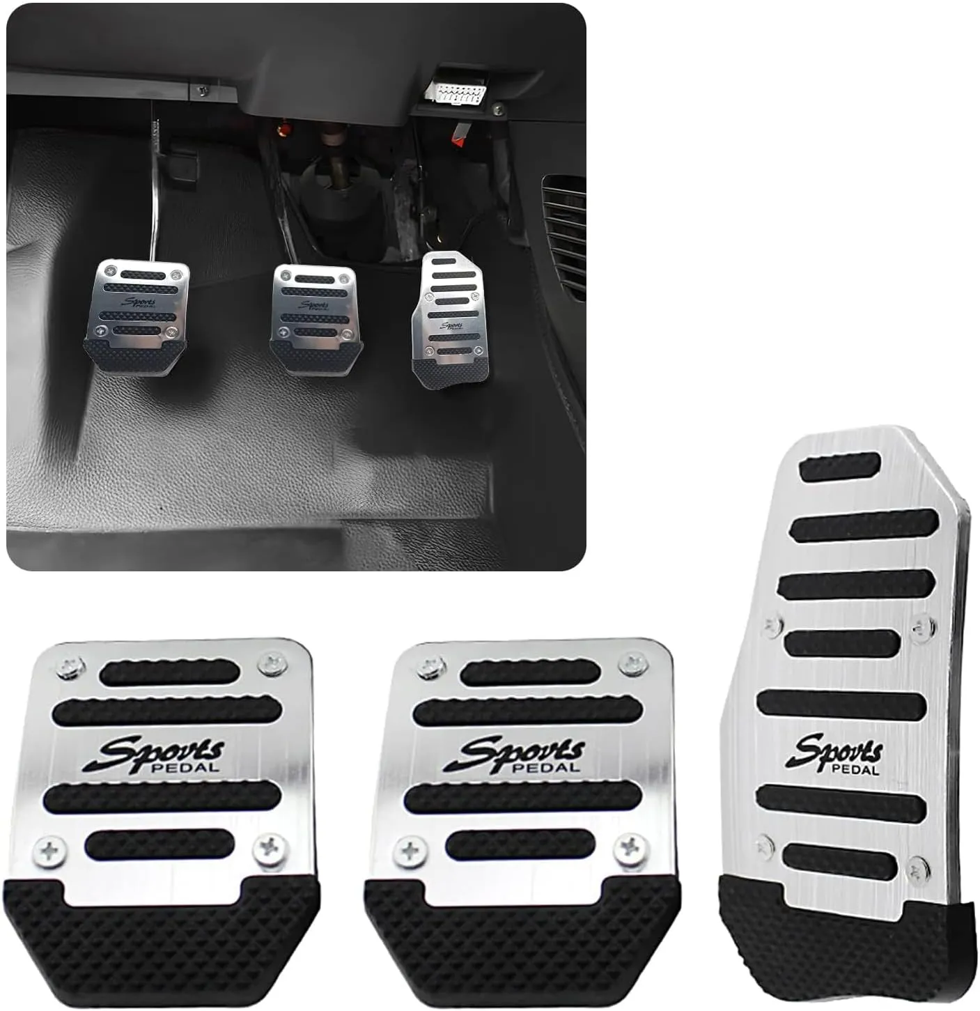 NEW jeseny 3 PCS Car Non-Slip Aluminum Alloy Pedal Pads, Manual/Automatic Gearbox Gas Pedal Brake Pedal Cover, Anti-rubbing Car Clutch Pedal Kits, Auto Universal Replacement Accessories (Silver)