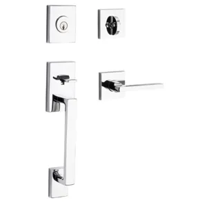 New Wayfair Baldwin SCLAJXSQUCSR260 Single Cylinder La Jolla Handleset Square Lever Contemporary Square Rose with 6AL Latch and Dual Strike Bright Chrome Finish! RETAILS $420 