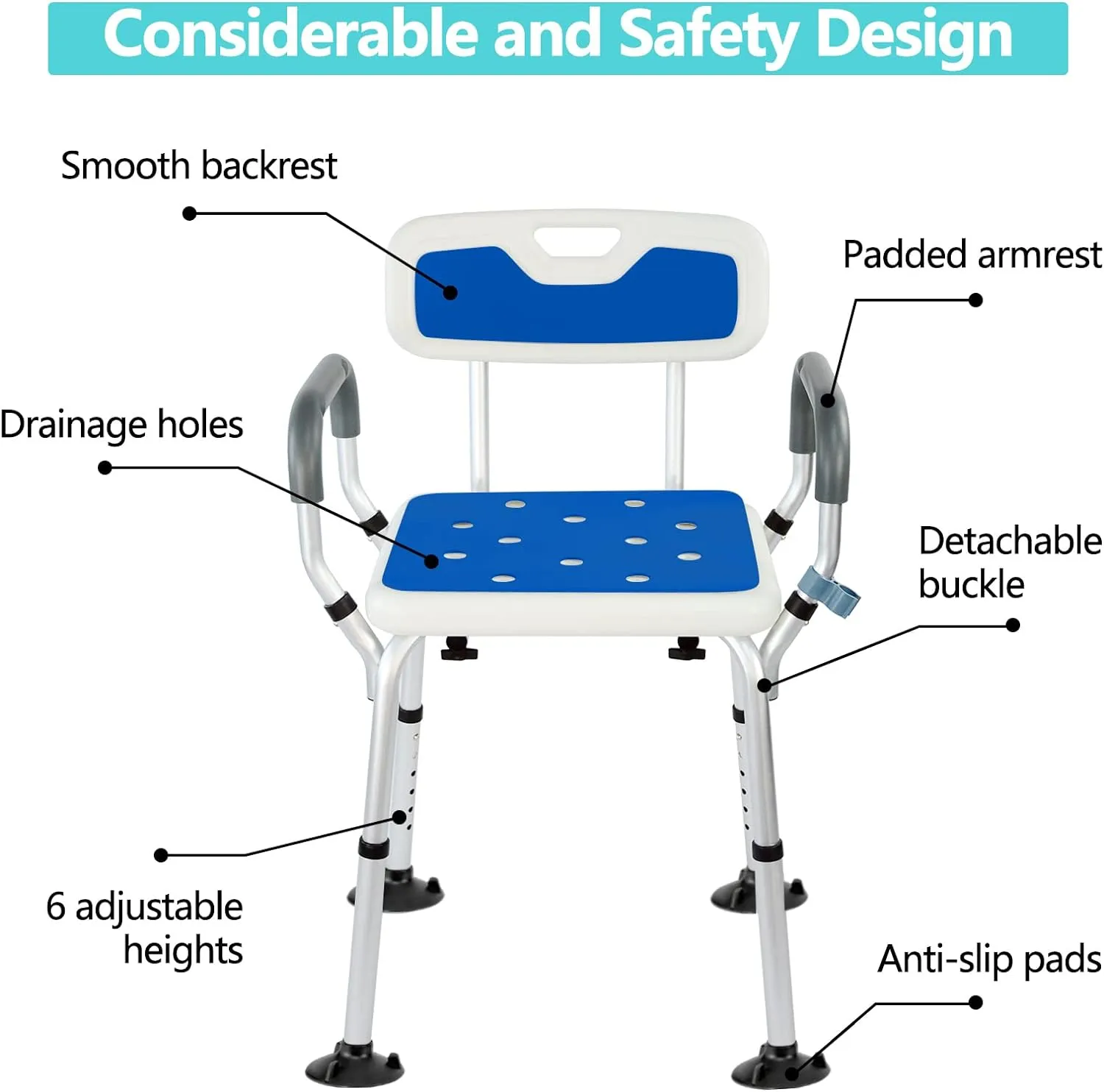 NEW Weliday Height Adjustable Shower Chair Bathtub Chair Aluminum Shower Stool with Back, Arms and Two Kinds of Footpads Suitable for Disabled, Pregnant Woman, Elderly, Retails $80 
