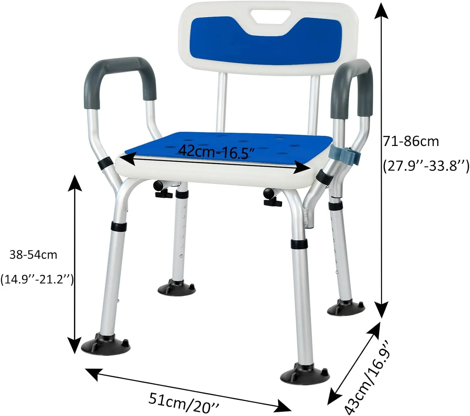 NEW Weliday Height Adjustable Shower Chair Bathtub Chair Aluminum Shower Stool with Back, Arms and Two Kinds of Footpads Suitable for Disabled, Pregnant Woman, Elderly, Retails $80 